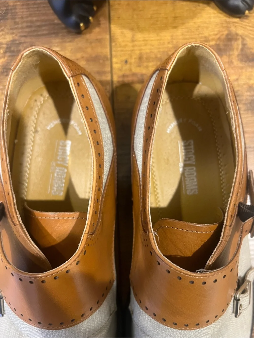 Stacy Adams Harper Double Monk-Strap Cognac Beige Leather & Canvas Shoes:Size 11